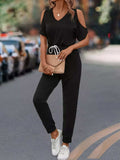 Cold Shoulder V-Neck Drawstring Waist Jumpsuit - Trendsi - Flyclothing LLC
