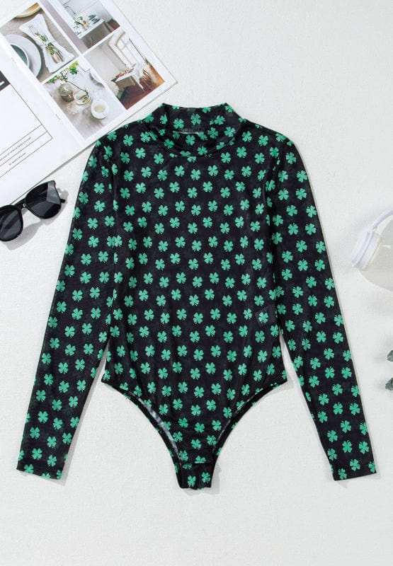 Lucky Clover Mock Neck Long Sleeve Bodysuit - Trendsi - Flyclothing LLC