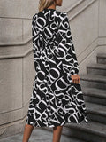 Printed V-Neck Long Sleeve Midi Dress - Trendsi - Flyclothing LLC
