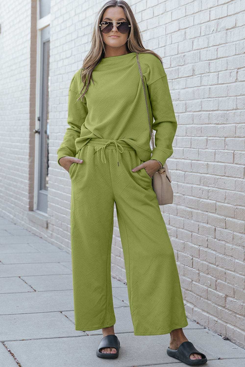 Double Take Full Size Textured Long Sleeve Top and Drawstring Pants Set - Trendsi - Flyclothing LLC