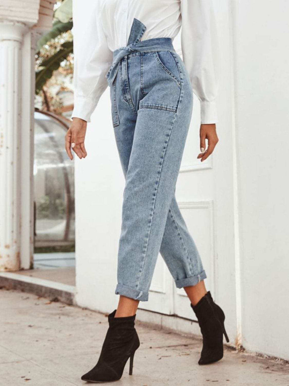 Tied Straight Leg Jeans with Pockets - Trendsi - Flyclothing LLC