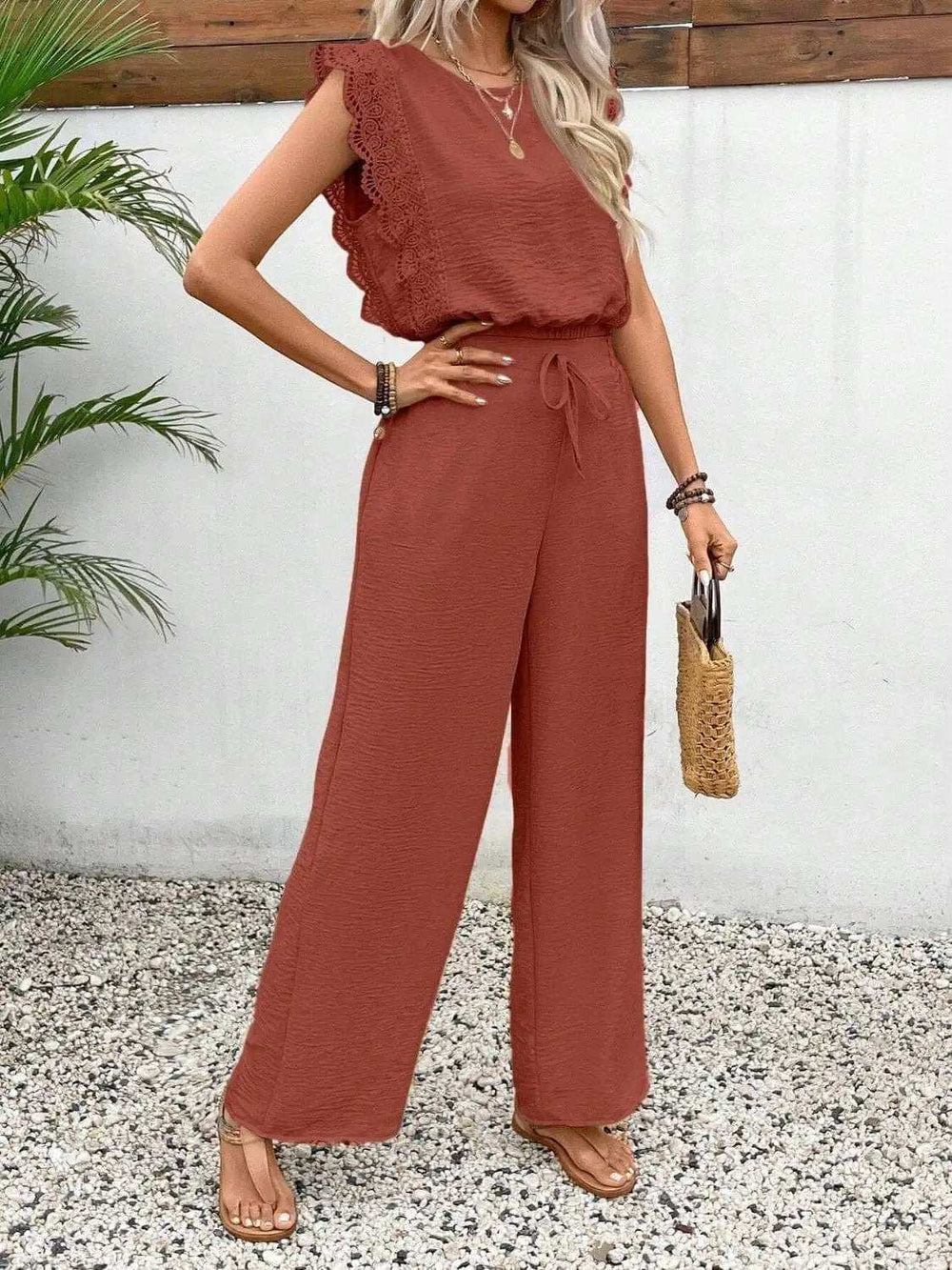 Lace Trim Round Neck Top and Pants Set - Trendsi - Flyclothing LLC