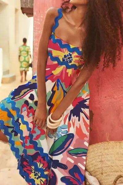 Printed Square Neck Wide Strap Dress - Trendsi - Flyclothing LLC