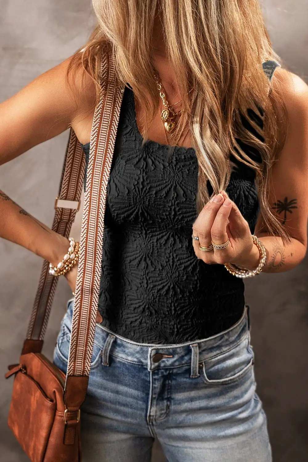 Floral Jacquard Square Neck Tank - Trendsi - Flyclothing LLC