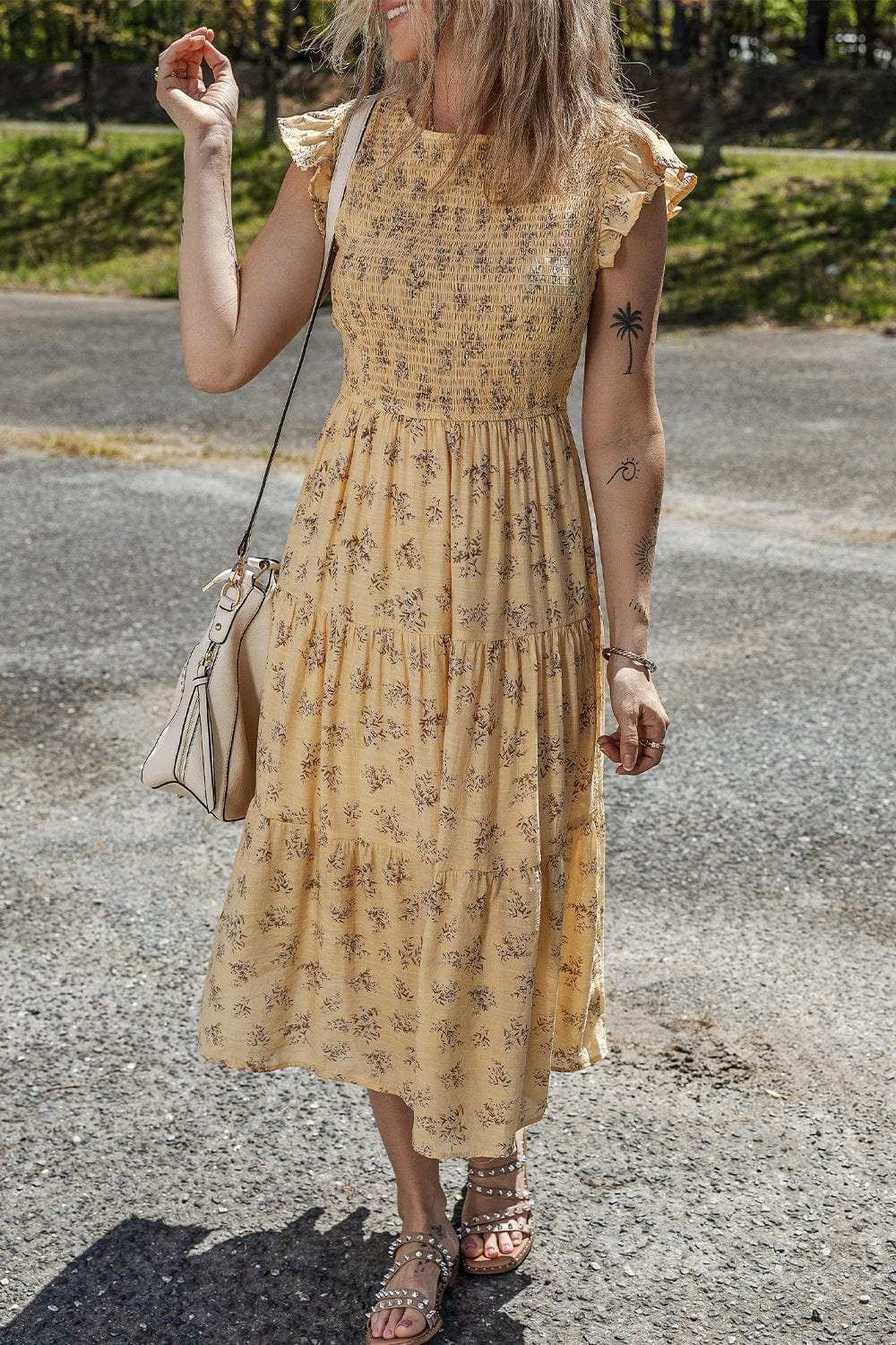 Floral Print Ruffle Cap Sleeve Smocked Flowy Dress - Trendsi - Flyclothing LLC