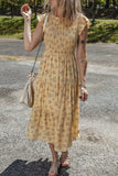 Floral Print Ruffle Cap Sleeve Smocked Flowy Dress - Trendsi - Flyclothing LLC