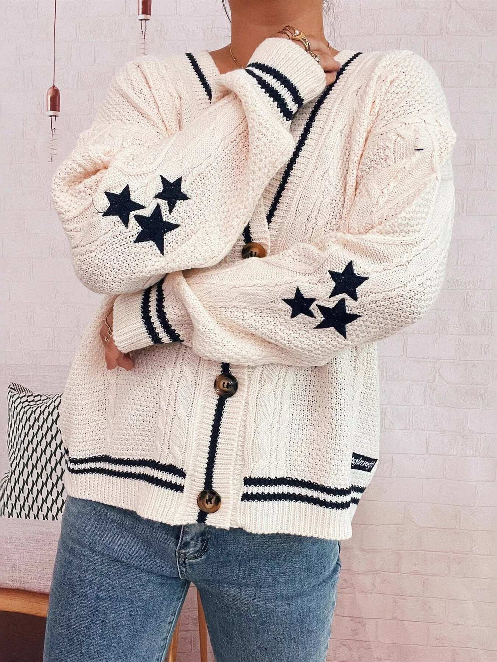 Star Pattern Button-Up Cardigan with Contrast Trim - Trendsi - Flyclothing LLC