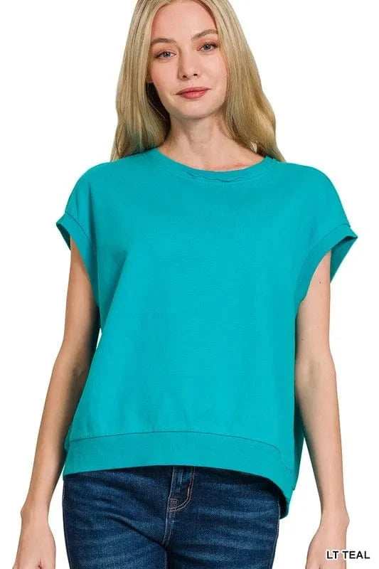 Zenana French Terry Round Neck Cap Sleeve T-Shirt - Trendsi - Flyclothing LLC