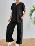 V-Neck Short Sleeve Top and Pants Set - Trendsi - Flyclothing LLC