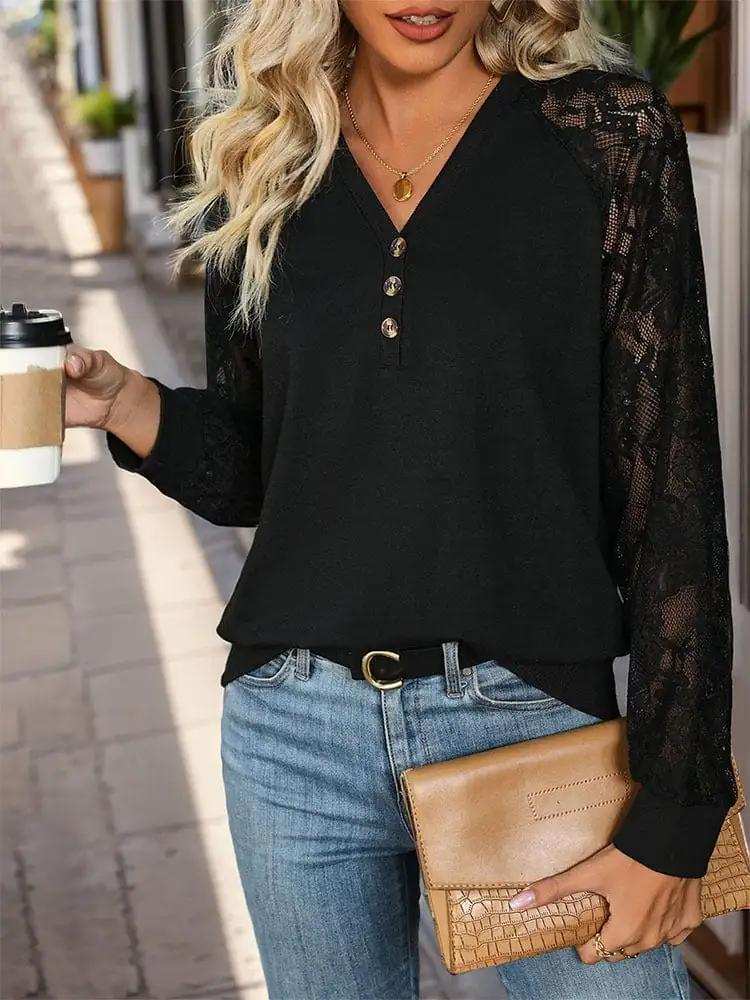 Lace V-Neck Long Sleeve T-Shirt - Trendsi - Flyclothing LLC