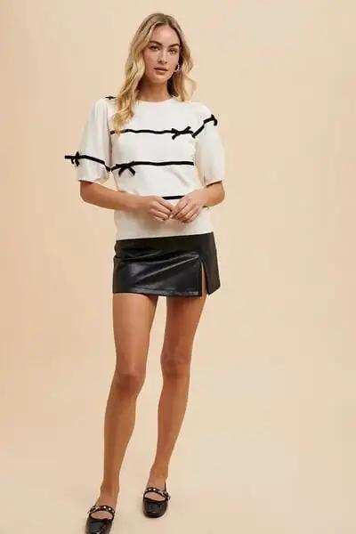 Annie Wear Striped Bow Round Neck Knit Top - Trendsi - Flyclothing LLC