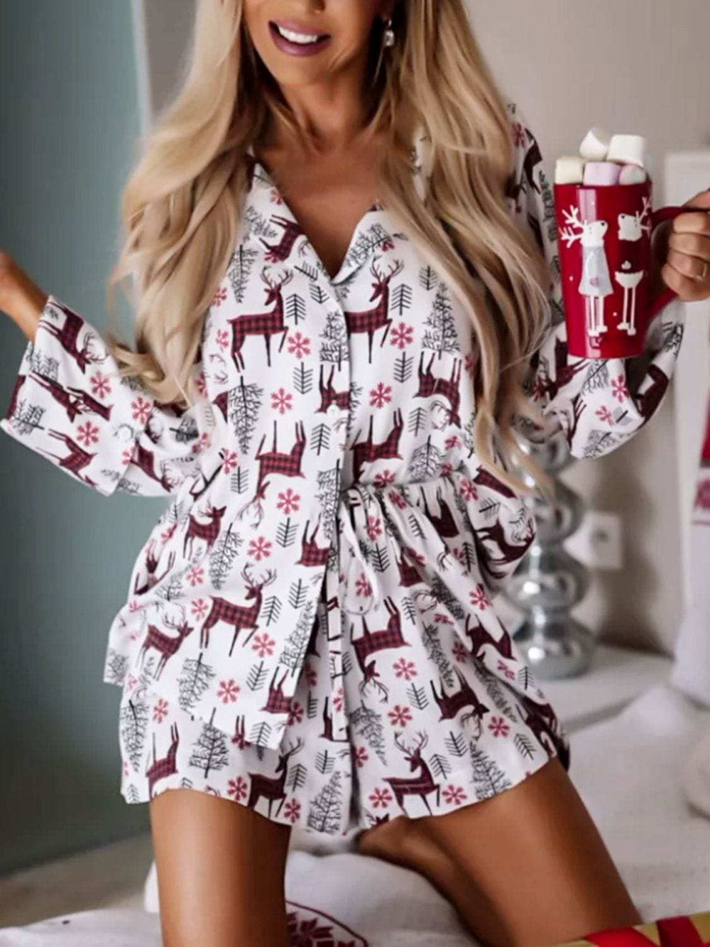 Printed Collared Neck Long Sleeve Top and Shorts Lounge Set - Trendsi - Flyclothing LLC
