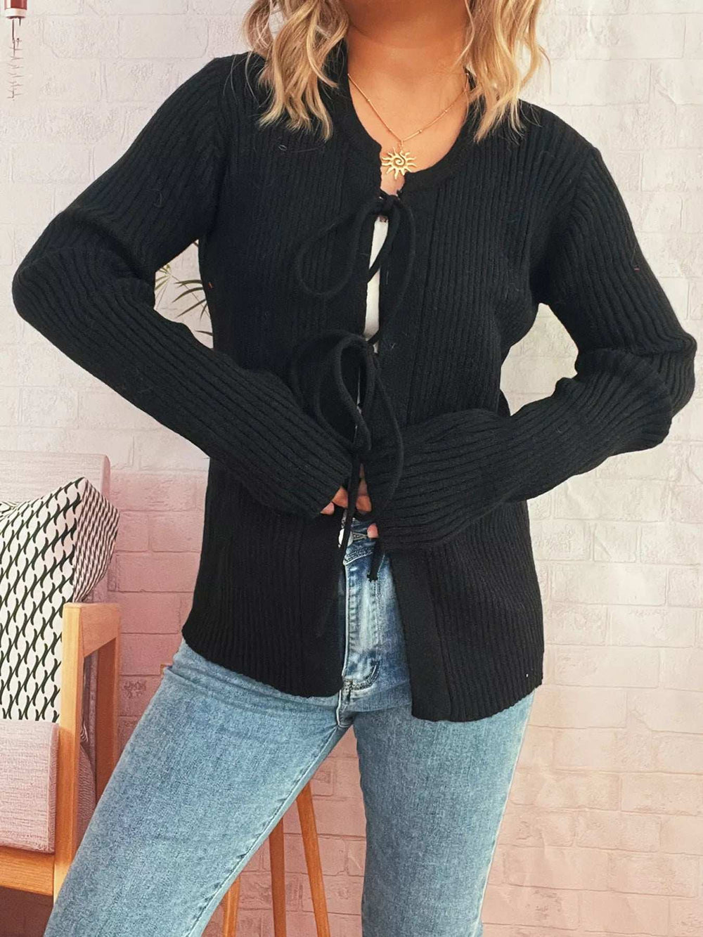 Ribbed Tie Front Long Sleeve Cardigan - Trendsi - Flyclothing LLC