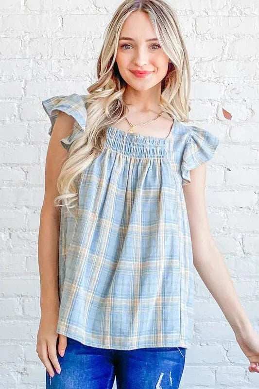 And The Why Plaid Print Smocked Detail Ruffle Baby Doll Top - Trendsi - Flyclothing LLC