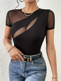 Mesh Patchwork Round Neck Short Sleeve Top - Trendsi - Flyclothing LLC