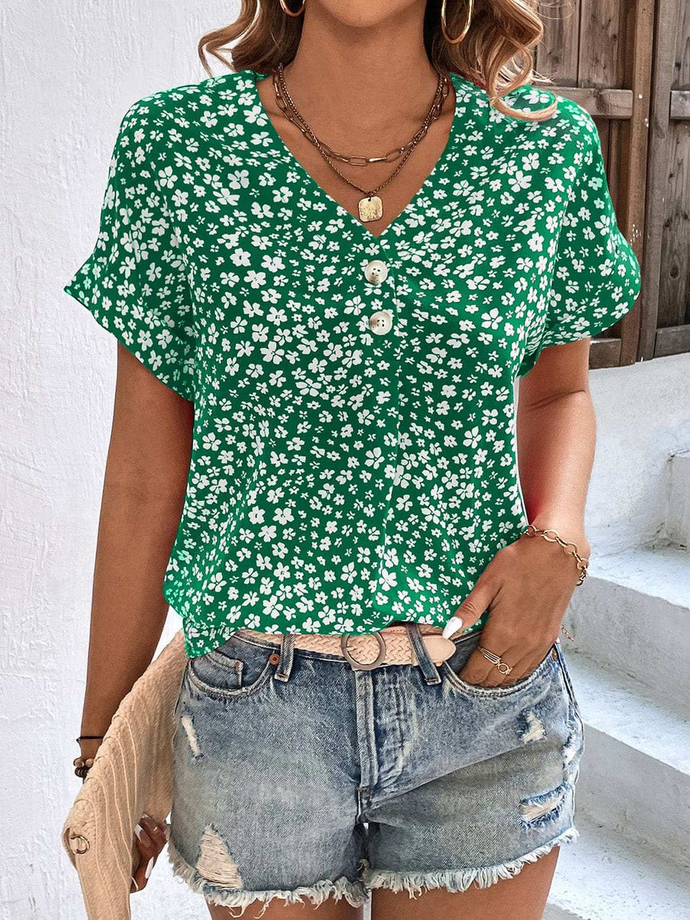 Printed V-Neck Short Sleeve Blouse - Trendsi - Flyclothing LLC