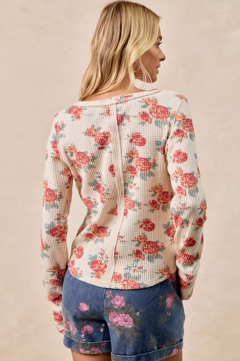 BiBi Floral Print Washed Waffle Thermal Top With Thumb - Trendsi - Flyclothing LLC