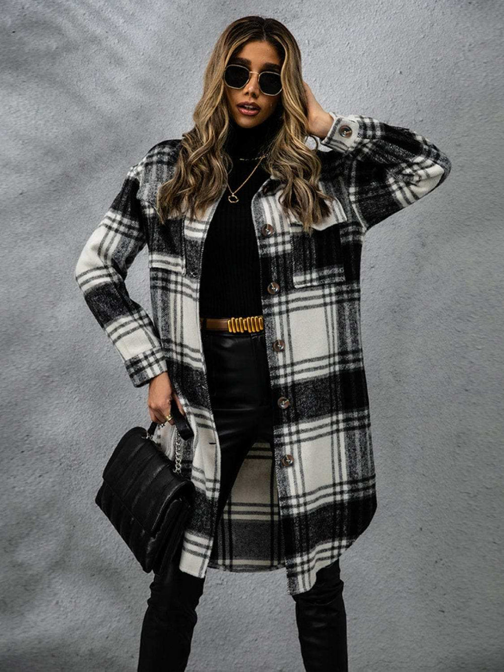 Plaid Collared Neck Long Sleeve Coat - Trendsi - Flyclothing LLC