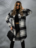Plaid Collared Neck Long Sleeve Coat - Trendsi - Flyclothing LLC