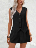 V-Neck Button Down Vest and Shorts Set - Trendsi - Flyclothing LLC