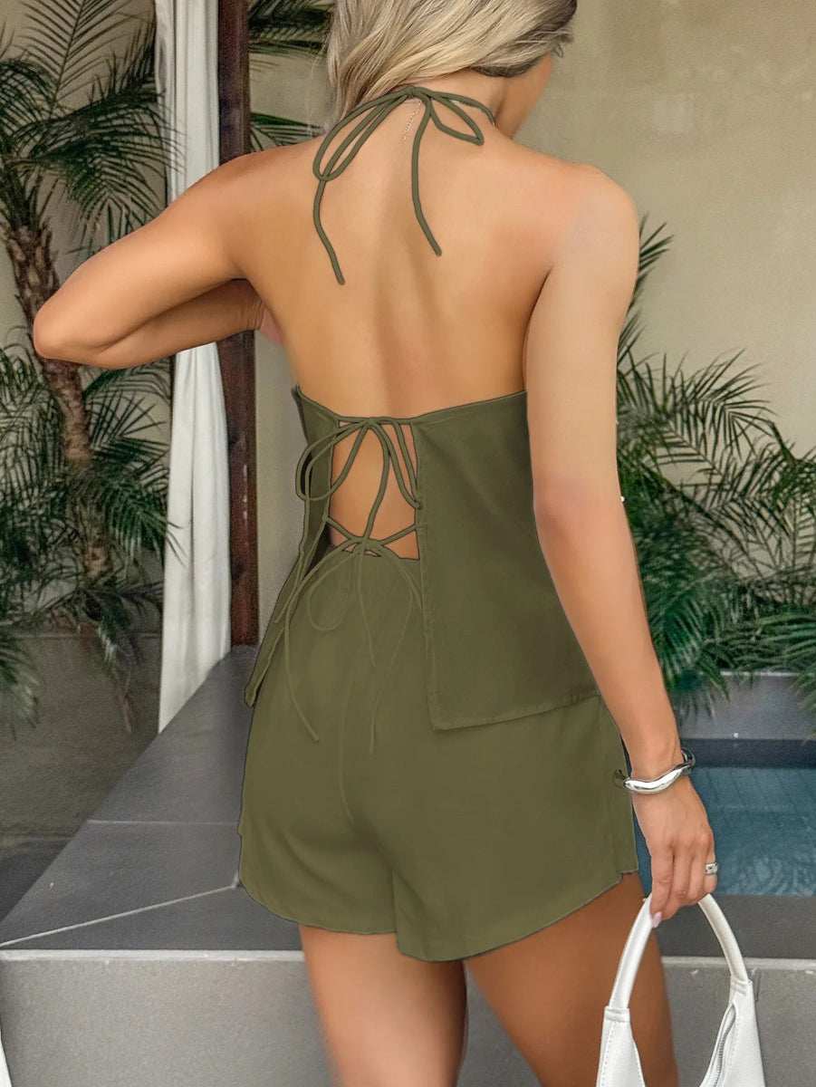 Tied Front Halter Neck Cami and Shorts Set - Trendsi - Flyclothing LLC