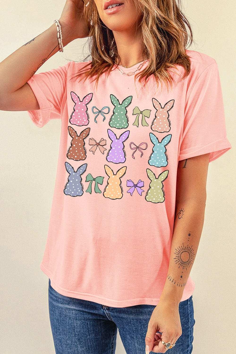 Dotty Bunny Bow Graphic Short Sleeve T-Shirt - Trendsi - Flyclothing LLC