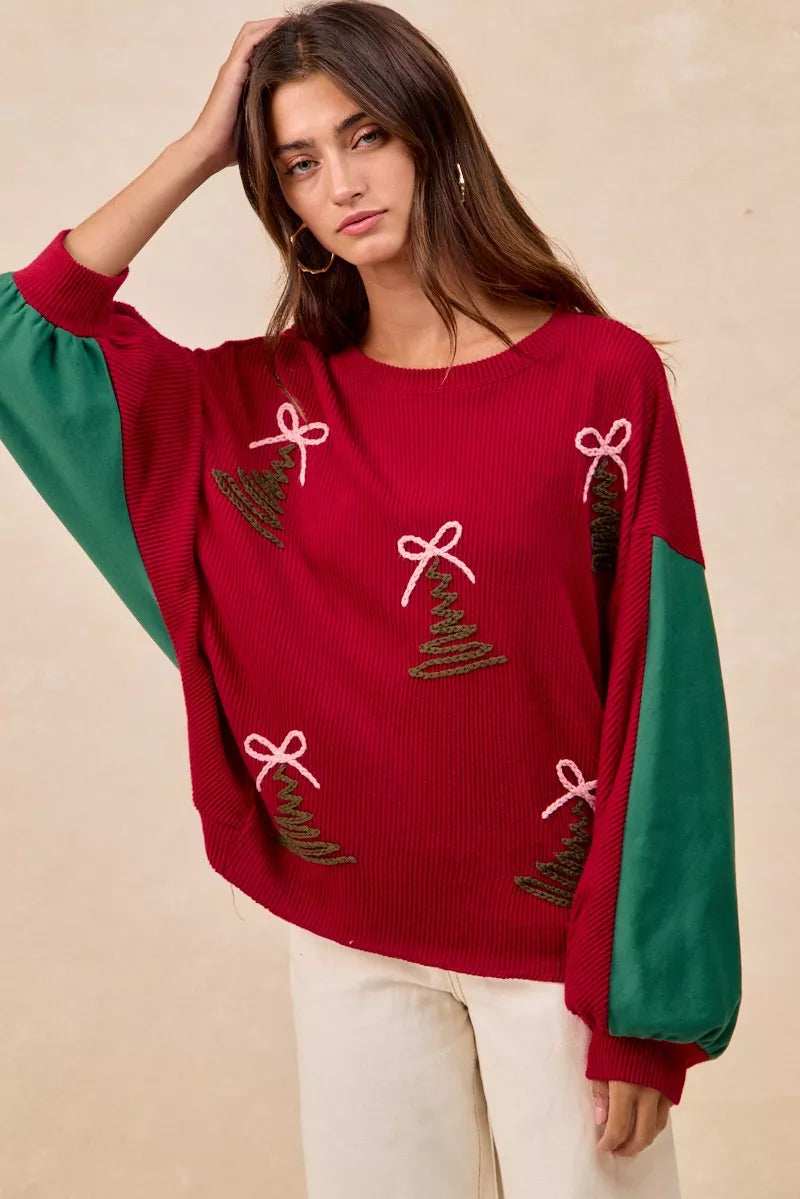 BiBi Christmas Theme Tree Embroidered Sweater - Trendsi - Flyclothing LLC