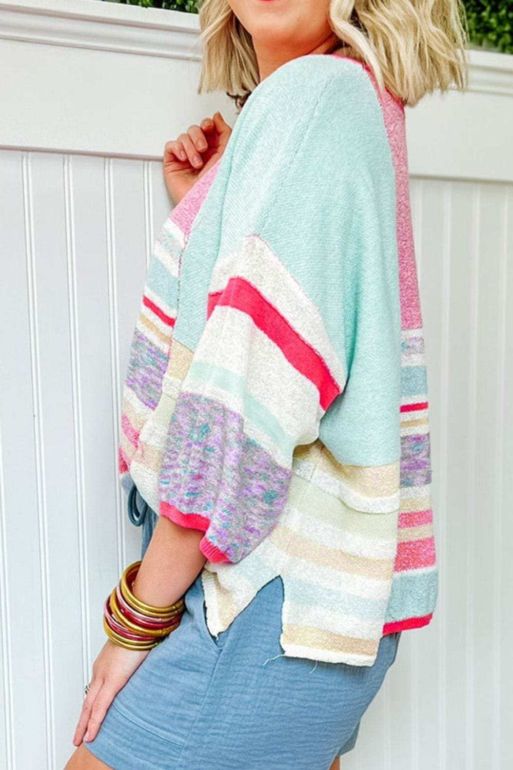 Contrast Round Neck Three-Quarter Sleeve Knit Top - Trendsi - Flyclothing LLC