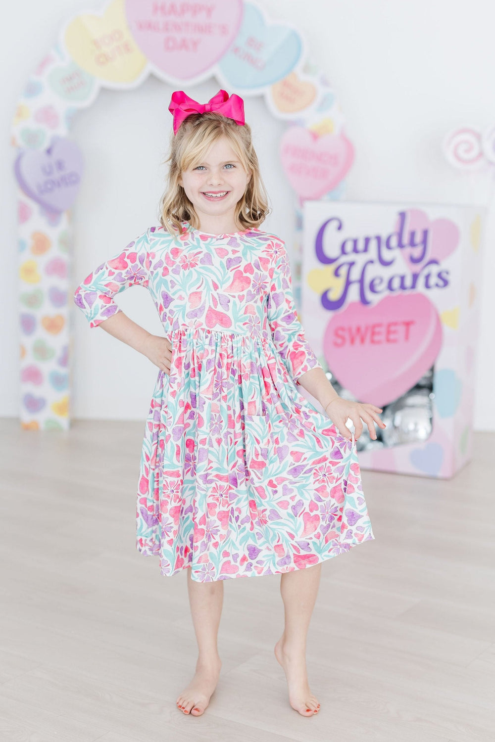 Watercolor Hearts 3/4 Sleeve Pocket Twirl Dress - Mila & Rose ® - Flyclothing LLC