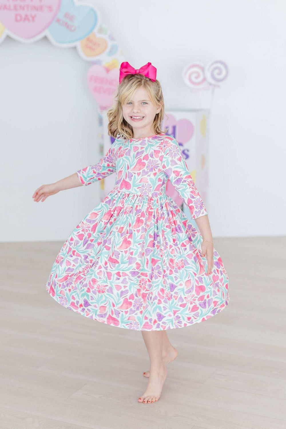 Watercolor Hearts 3/4 Sleeve Pocket Twirl Dress - Mila & Rose ® - Flyclothing LLC