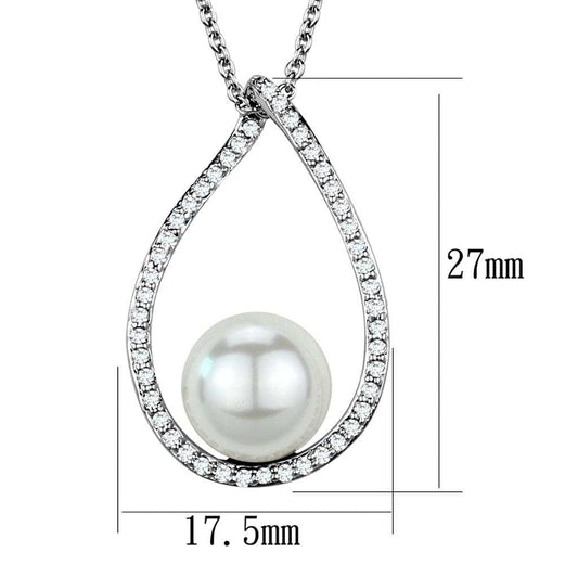 3W1036 - Rhodium Brass Chain Pendant with Synthetic Pearl in White - Alamode - Flyclothing LLC