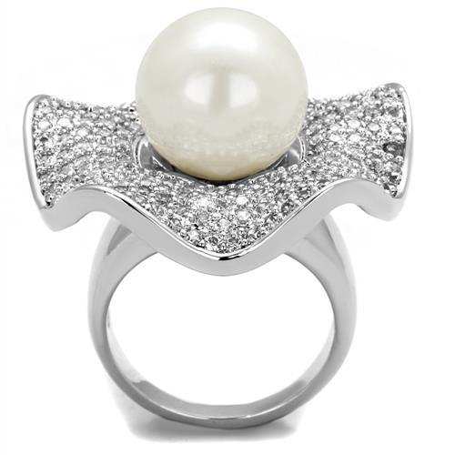3W1080 - Rhodium Brass Ring with Synthetic Pearl in White - Alamode - Flyclothing LLC