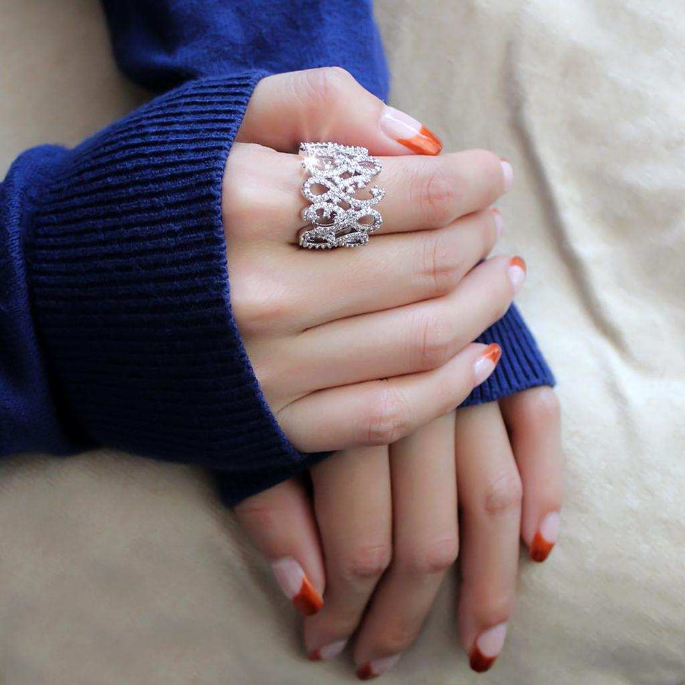 3W1443 - Rhodium Brass Ring with AAA Grade CZ in Clear - Alamode - Flyclothing LLC