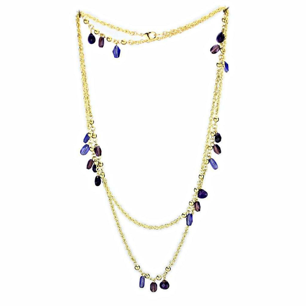 3W1538 - Gold Brass Necklace with Semi-Precious Amethyst Crystal in Amethyst - Alamode - Flyclothing LLC