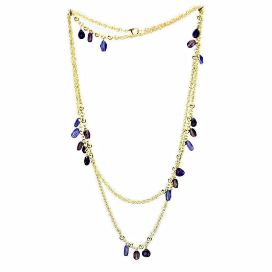 3W1538 - Gold Brass Necklace with Semi-Precious Amethyst Crystal in Amethyst - Alamode - Flyclothing LLC