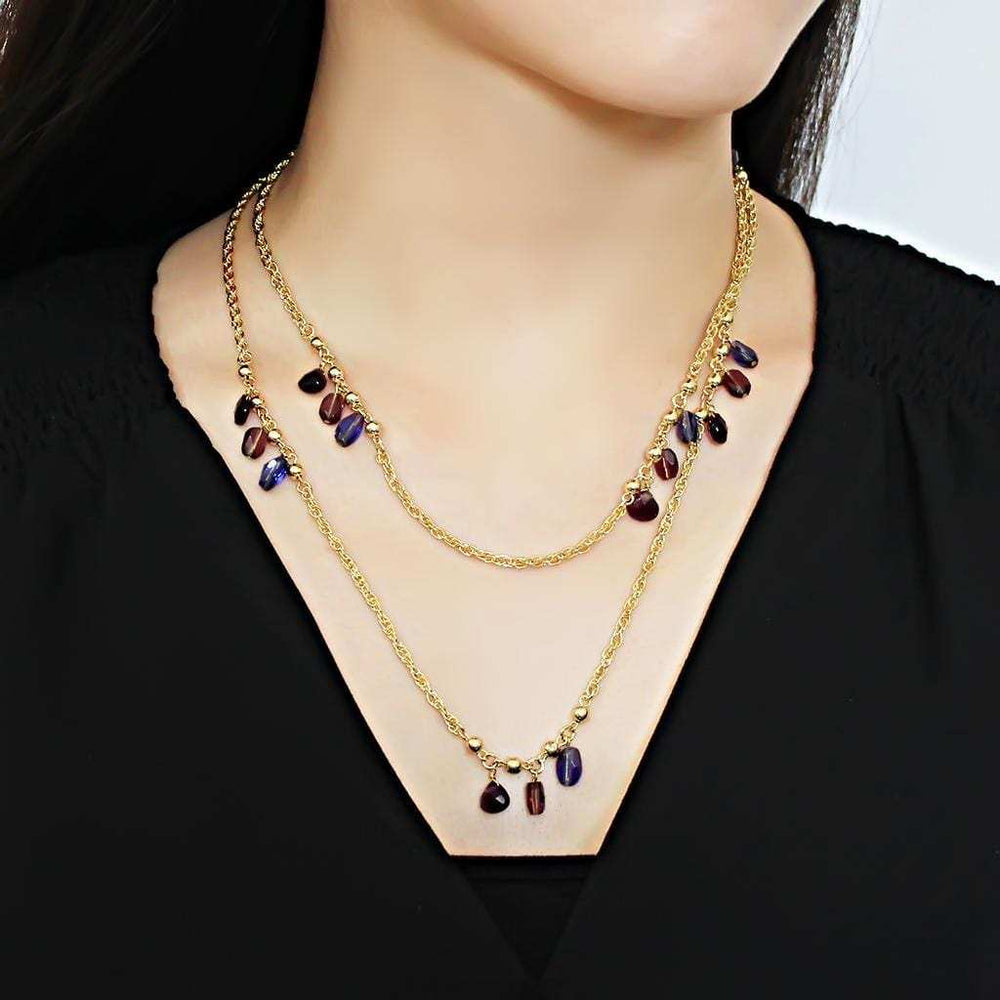 3W1538 - Gold Brass Necklace with Semi-Precious Amethyst Crystal in Amethyst - Alamode - Flyclothing LLC