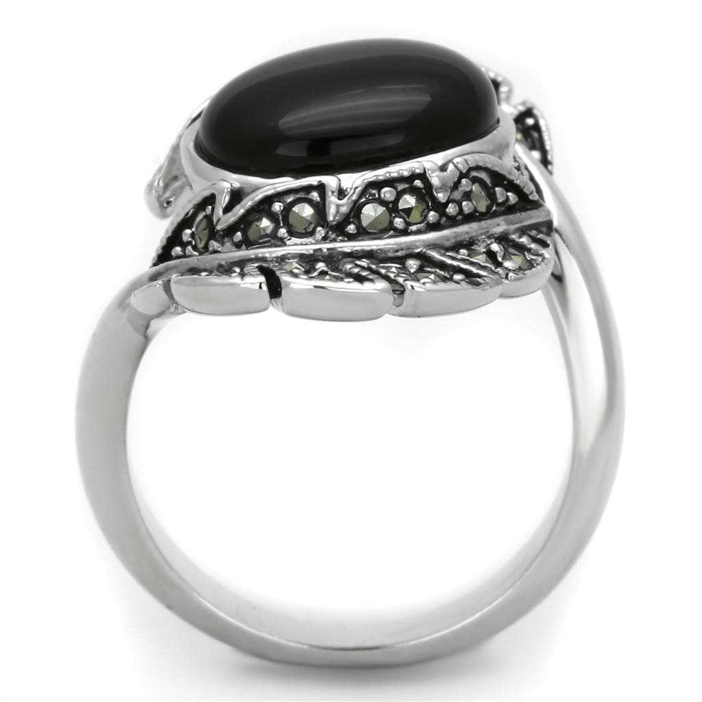 3W597 - Rhodium Brass Ring with Synthetic Onyx in Jet - Alamode - Flyclothing LLC