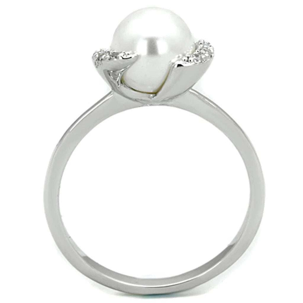 3W721 - Rhodium Brass Ring with Synthetic Pearl in White - Alamode - Flyclothing LLC