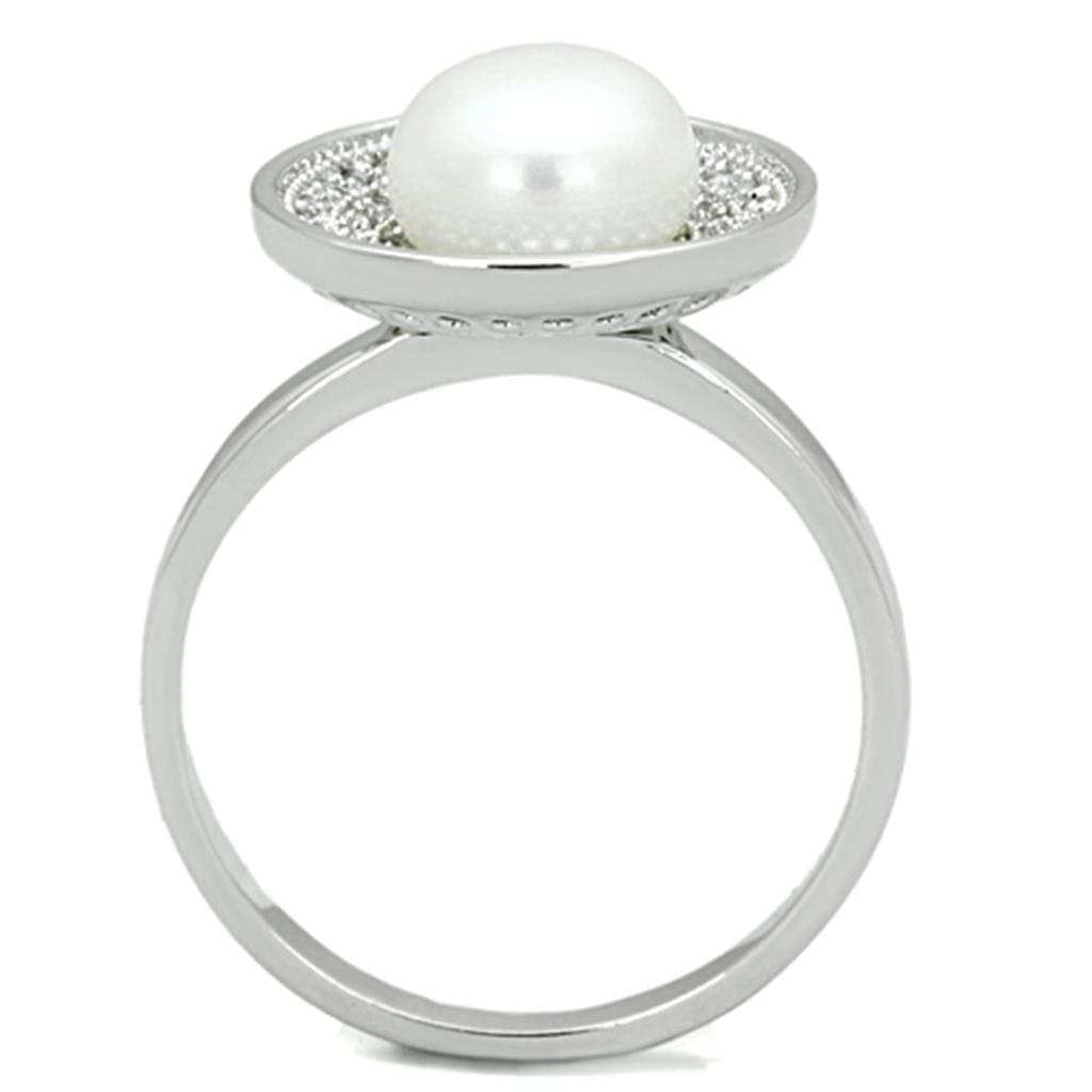 3W755 - Rhodium Brass Ring with Synthetic Pearl in White - Alamode - Flyclothing LLC