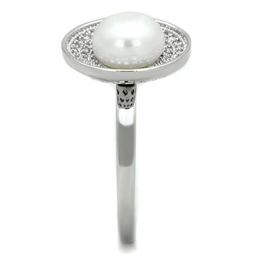 3W755 - Rhodium Brass Ring with Synthetic Pearl in White - Alamode - Flyclothing LLC