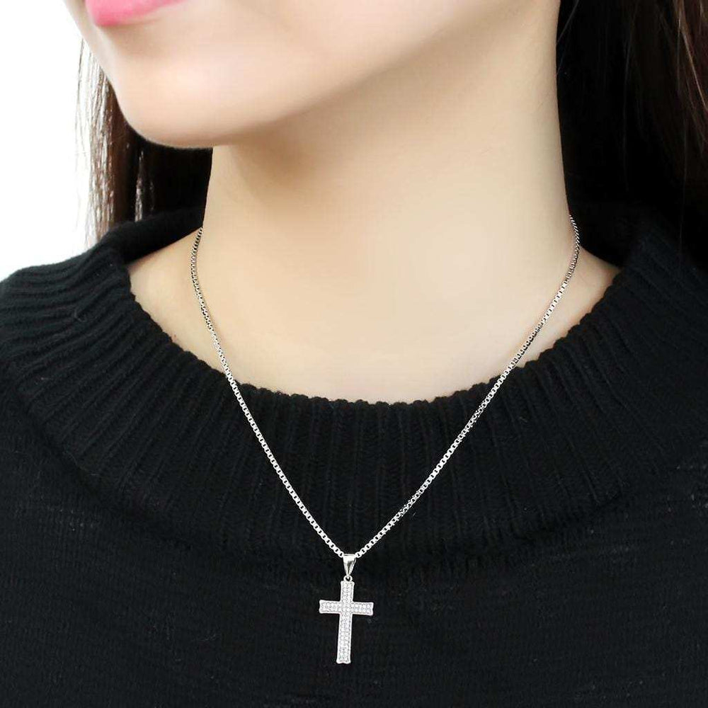 3W846 - Rhodium Brass Chain Pendant with AAA Grade CZ in Clear - Alamode - Flyclothing LLC