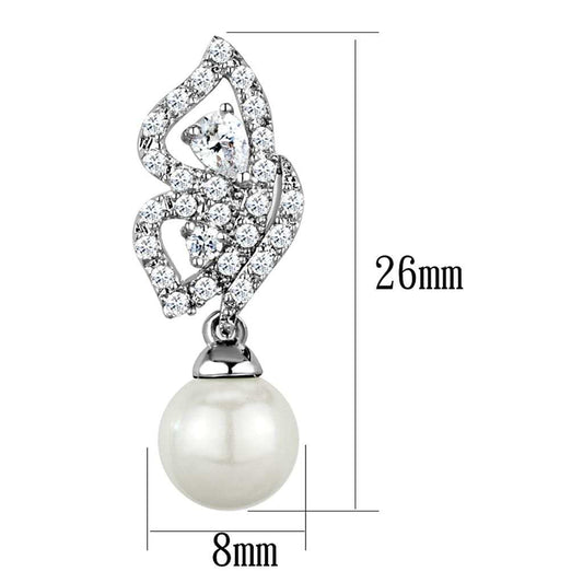 3W902 - Rhodium Brass Earrings with Synthetic Pearl in White - Alamode - Flyclothing LLC
