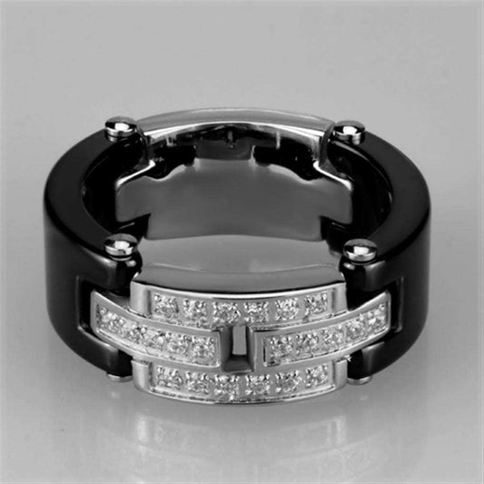 3W976 - High polished (no plating) Stainless Steel Ring with Ceramic in Jet - Alamode - Flyclothing LLC