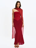 Giselle Crimson Peplum Mermaid Gown with Chiffon Scarf - Miss Circle - Flyclothing LLC