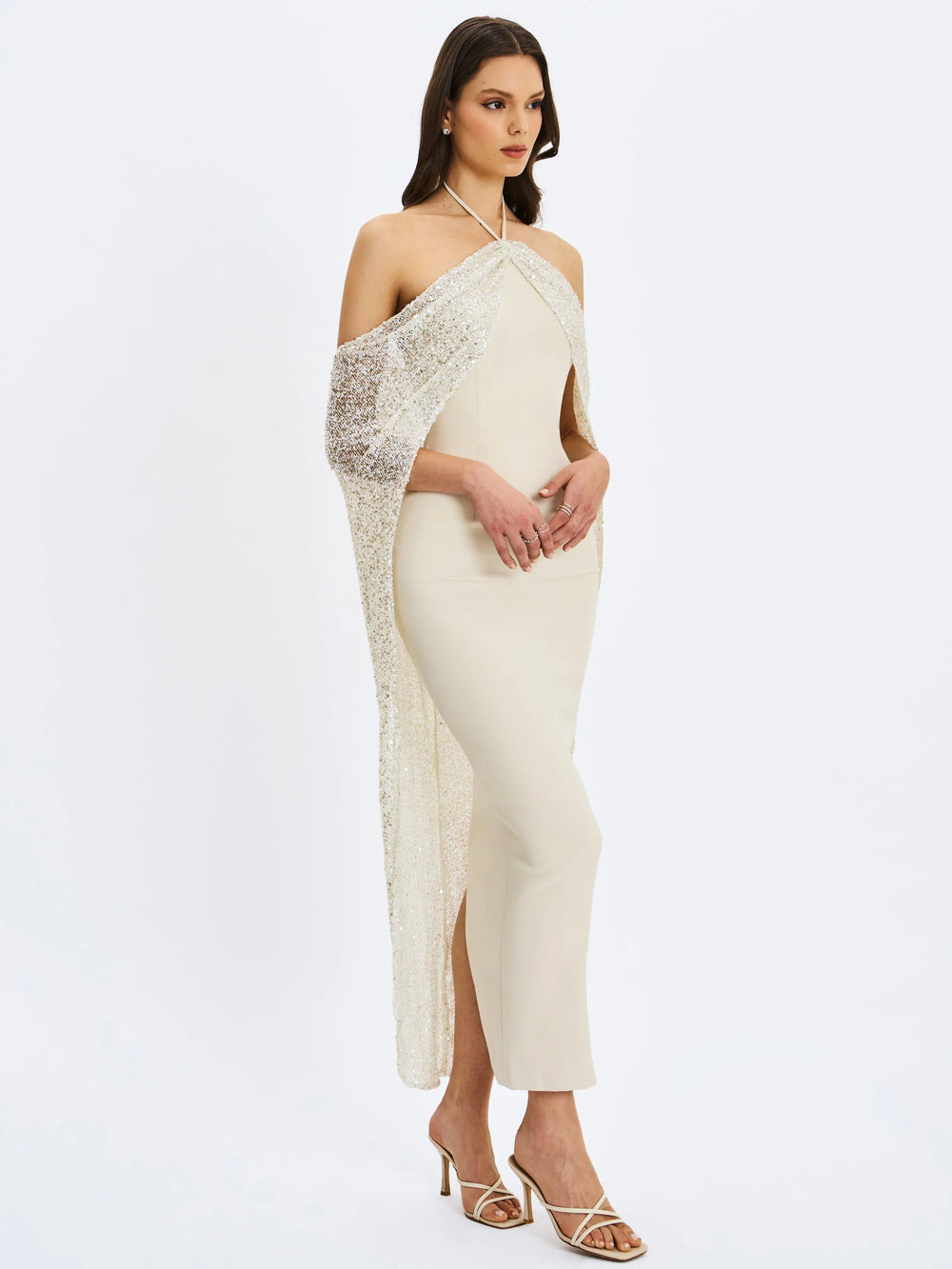 Quimera Almond Beaded Cape Halter Off-Shoulder Maxi Gown - Miss Circle - Flyclothing LLC