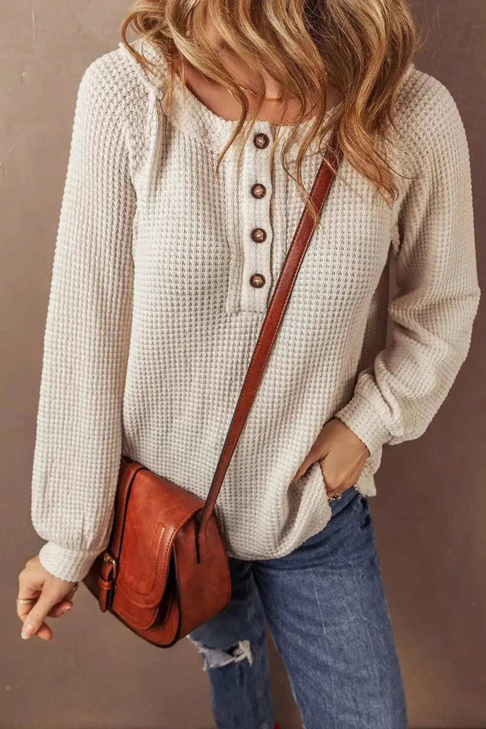 Waffle-Knit Half Button Round Neck Long Sleeve Top - Trendsi - Flyclothing LLC