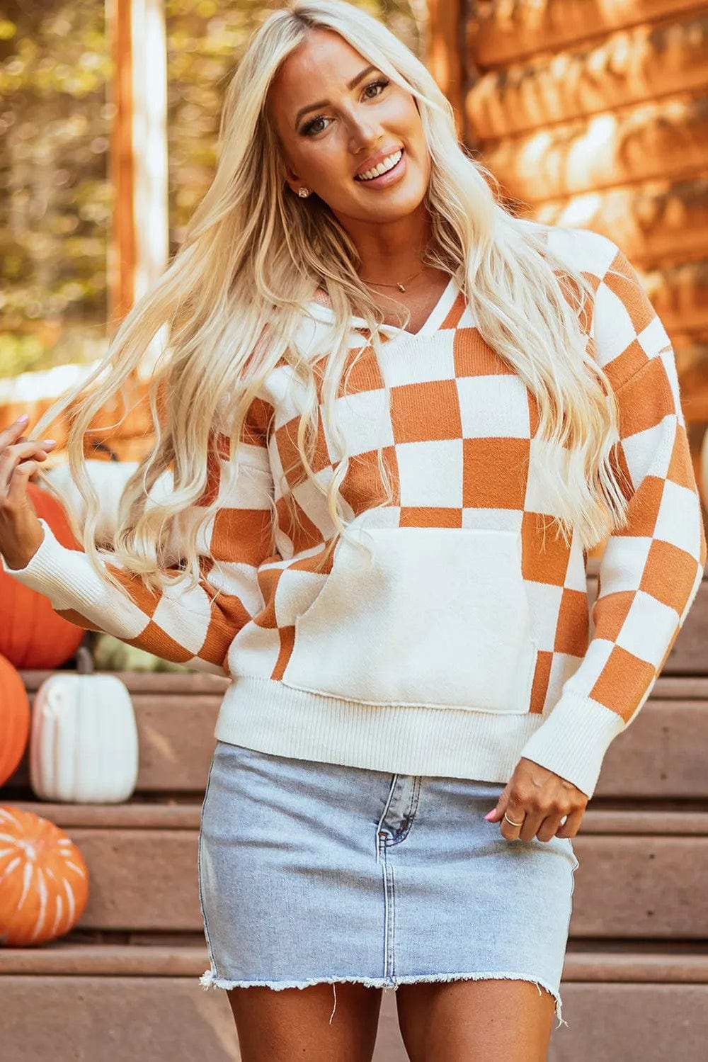 Checkered Long Sleeve Hooded Sweater - Trendsi - Flyclothing LLC