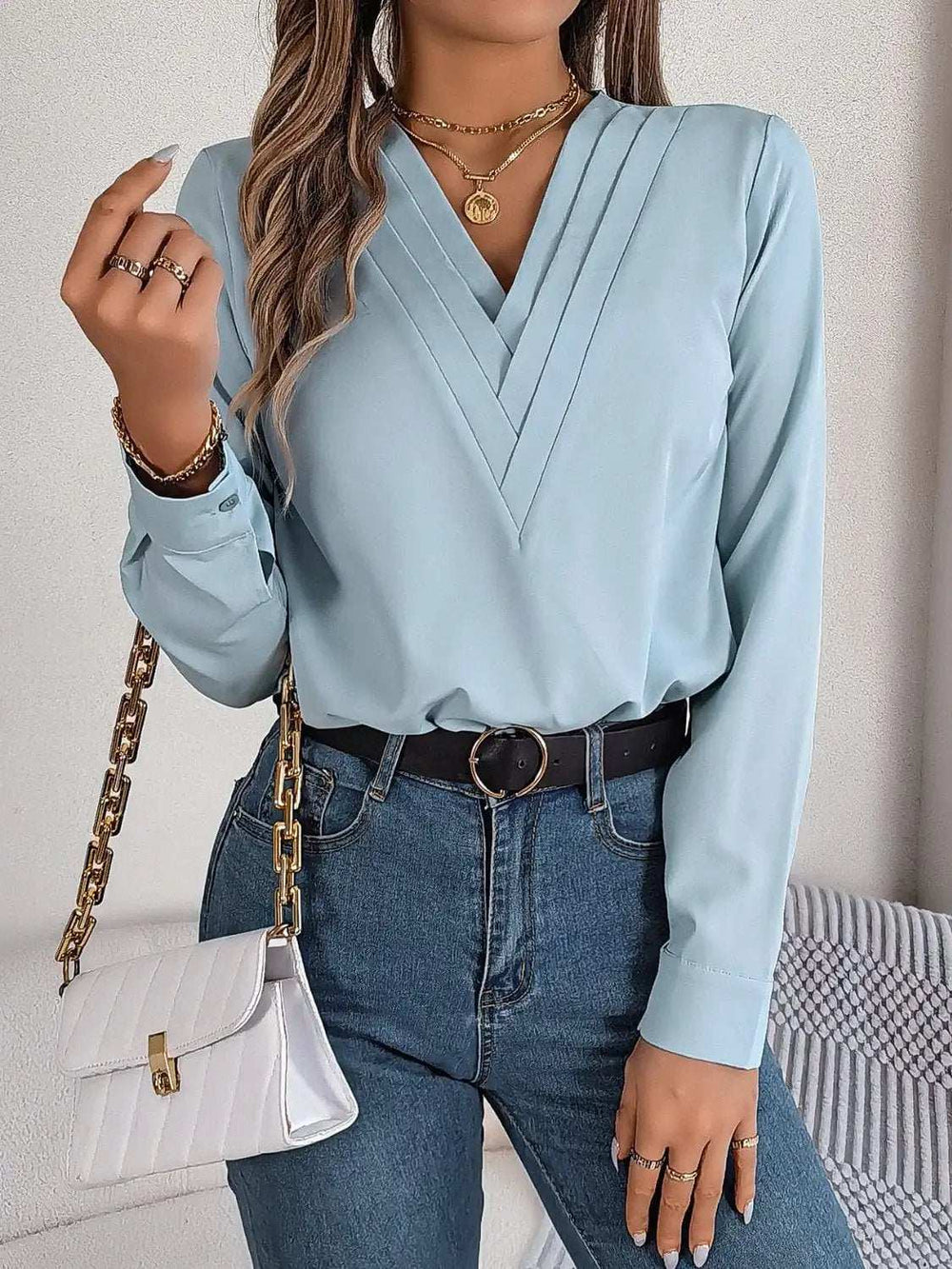 V-Neck Long Sleeve Blouse - Trendsi - Flyclothing LLC