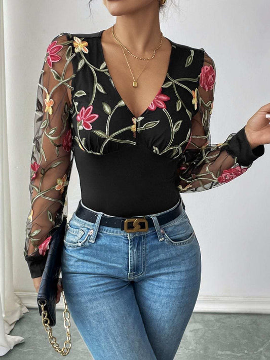 Perfee Embroidered V-Neck Long Sleeve Bodysuit - Trendsi - Flyclothing LLC
