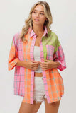 BiBi Plaid Collared Neck Half Sleeve Shirt - Trendsi - Flyclothing LLC